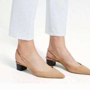 💛🔹️Theory 🔹️ Block Heel Pointed Toe Slingback Beige Clay Suede